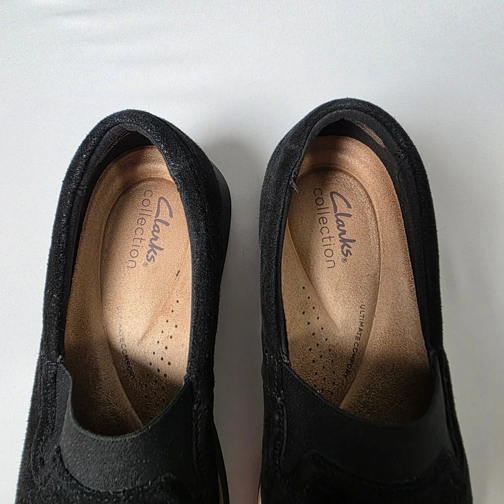 Clarks Slip On Loafers Womens 9 Black Suede Wedge Ultimate Comfort 261801184065‎